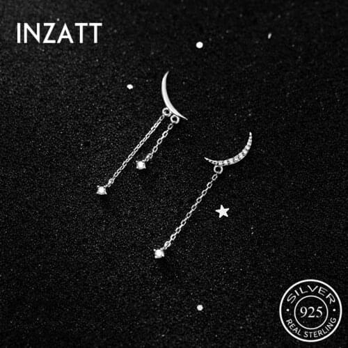 INZATT Real 925 Sterling Silver Zircon Moon Chain Tassel Stud Earrings For Fashion Women Party Bohemian Fine Jewelry Accessories