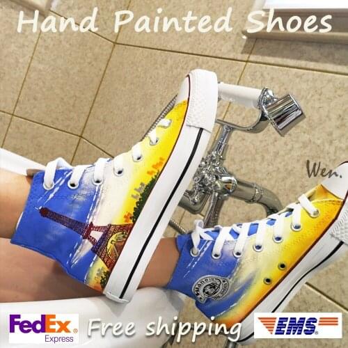 Wen Design Custom Hand Painted Shoes Eiffel Tower High Top Men Womens Canvas Sneakers for Birthday Gifts