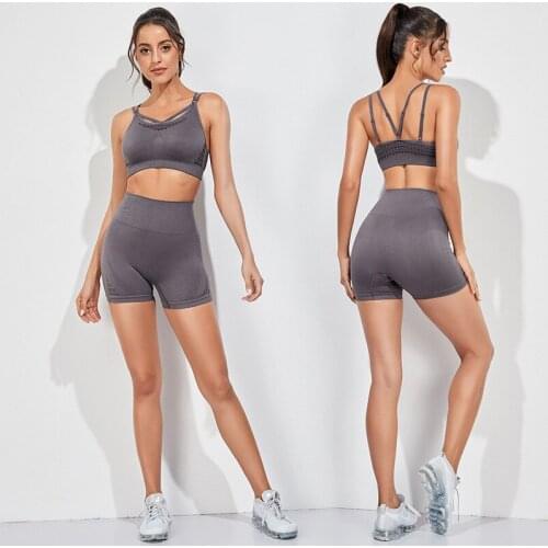 Summer Seamless Fitness Set Y Back Mesh Side Running Bra With Chest Pad High Waist Mention Hips Short Tights 4 Way Stretch Gym