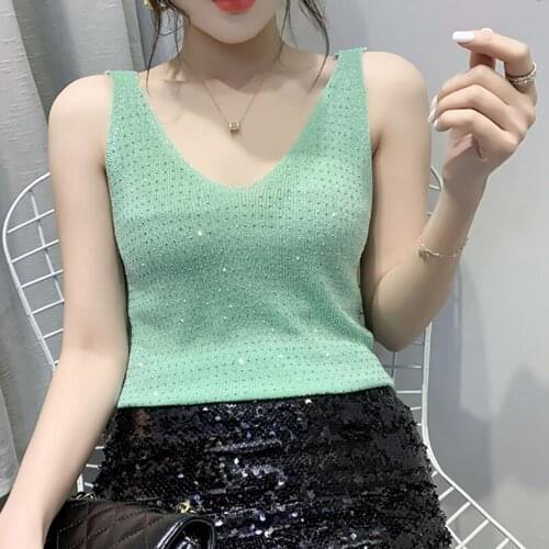 Tank Tops Women Summer 2021 Bright Silk Knitted Vests Ladies Thin Tanks Solid Fashion Diamonds Female Sleeveless Woman Top femme