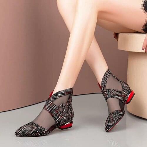Spring New Shoes Women Low Heels Woman Pointed toe Mesh Shoes Buckle Side Hollow out Lattice Pattern Black Red
