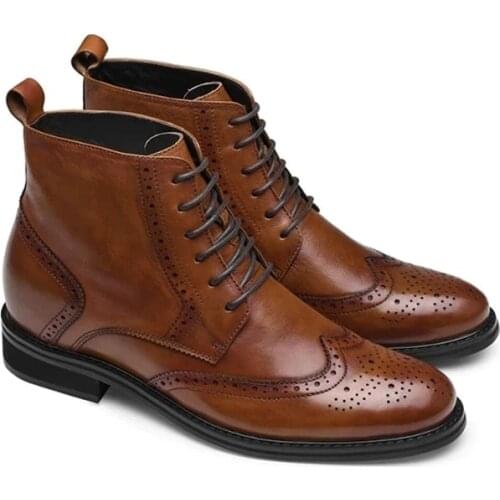 Lace Up Winter Mens Boots Brogue Shoes Add Velvet Work Boots Fashion Designer Shoes Men Non-Slip Genuine Leather