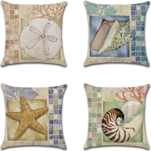 Cartoon sea animal starfish conch Printed Cushion Cover Cotton Linen Ocean Printed Home Decor Pillowcase Sofa Cushion Case