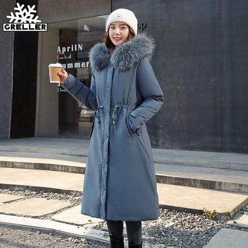 GRELLER 2021 New Cotton Padded Liner Parkas Fashion Fur Collar Winter Jacket Women Long Hooded Winter Women Coat Two Sides Wear