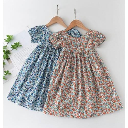 2021 Summer New Childrens Clothing Girls' Floral Dress Vintage Flower Print Bubble Dress