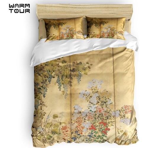 WARMTOUR Duvet Cover Japanese Edo Period Six-Panel Gold Leaf Screen Flowers Duvet Cover Set 4 Piece Bedding Set For Beds