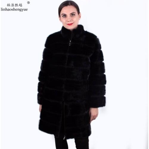 Linhaoshengyue Women Mink Fur Long Coat 100% Real Mink Fur Long Sleeve 8:2