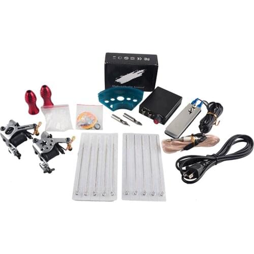 Tattoo Kit Gun 2 Machines Sets 10 Pieces Needles Power Supply Tips Grips for Liner and Shader