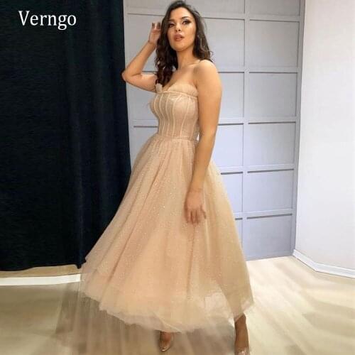Verngo Champagne Beads Tulle Evening Party Dresses 2021 A Line Strapless Corset Short Prom Dress Ankle Length Formal Gowns