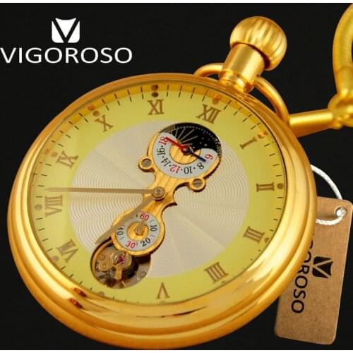 VIGOROSO Brand Luxury Antique Gold Full Steel Moon Phase 12/24 Hours Mechanical Hand Wind Pocket Watch FOB Pendant Chain