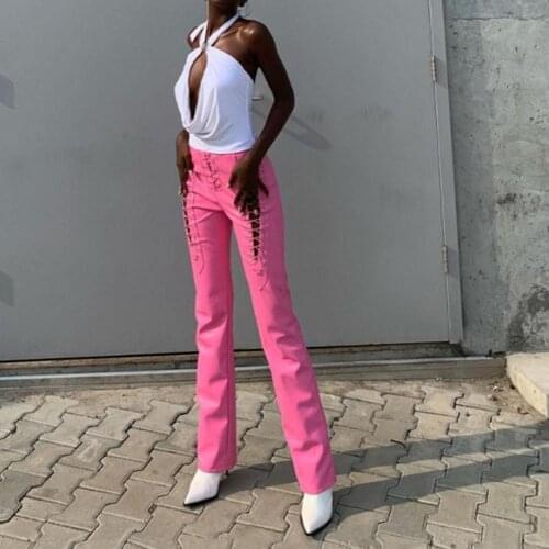 Hollow Out Bandage Hipster Straight Trousers Women 2021 Faux PU Leather Solid Fashion Punk Street Style Pants Female Clubwear