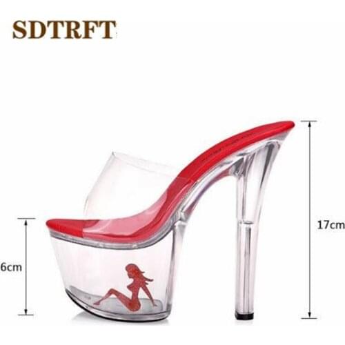 SDTRFT sexy platform wedding shoes woman SM 17cm crystal ultra high thin heels sandals transparent red beauty bridesmaid pumps