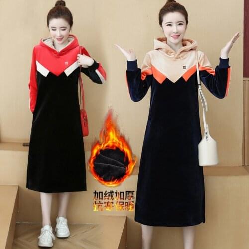 Winter Autumn Women Hooded Dress Fashion Casual Long Sleev Velvet Dress Elegant Streetwear Patchwork Party Dress Plus Size M-3XL