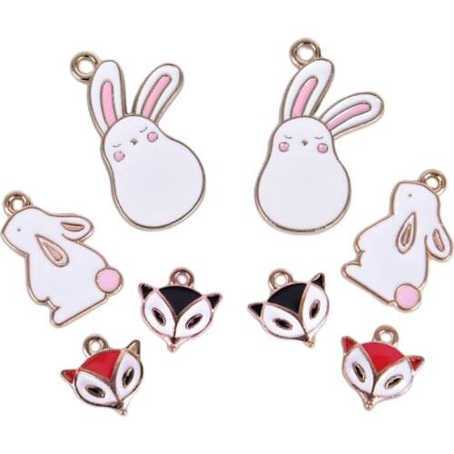 10Pcs/Set DIY Handmade Material Metal Enamel Rabbit Fox Girl Charms Gold Bracelet Pendants Necklace Earring Jewelry Making