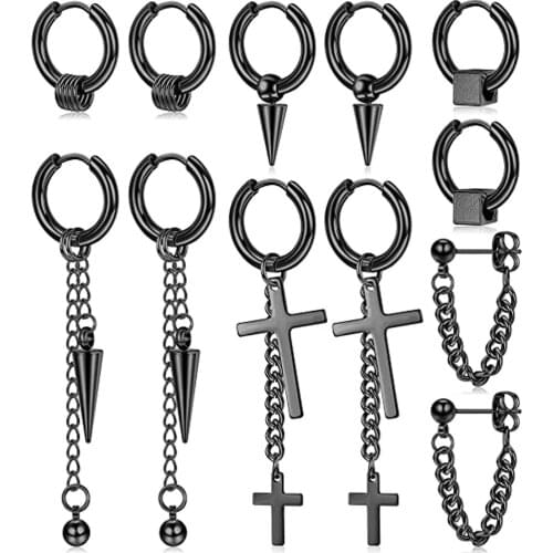 2pcs 316L Stainless Steel Mens Womens Hoop Earrings Dangle Chain Earrings Punk Gothic Kpop Earrings Unisex