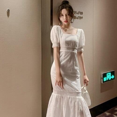 2021 New Arrival Fashion Summer Women Lace Ruffle Dress Bud Sleeve Square Collar Slim Dress Casual Party Sexy Skirt