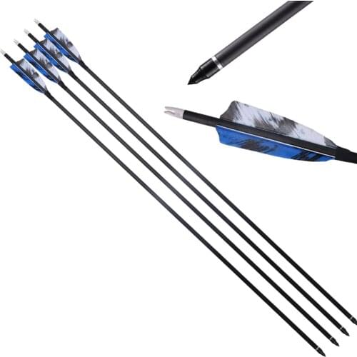 4 Inch Blue And White Camouflage Real Feather Replaceable Screw-In Archery 32 Inch Carbon Fiber Hunting/Aiming Arrow