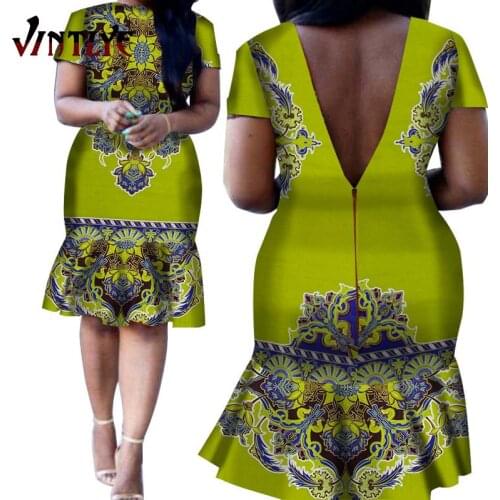 African Traditionl Print Dress for Women Kente Dashiki Party Dresses Ankara Wax Fabric Short Slim Lady Dress Plus Size Wy351