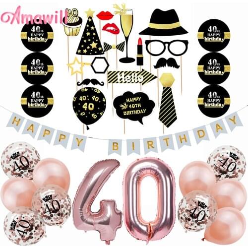 Amawill Cheers 40 Years Old Party Supplies Rose Gold Foil Balloons Photo Booth Props 40th Birthday Party Decoration Adult 75D