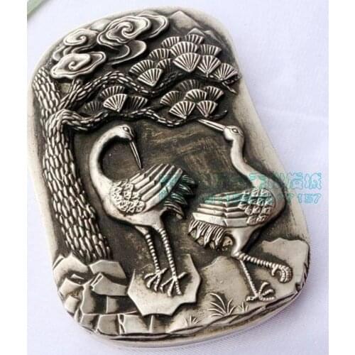 Antique QingDynasty Handmade silver carve box,beauty,crane,Hand-painted crafts,best collection& adornment