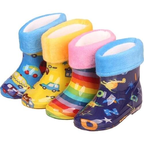 Kids Rain Boots Boys Rubber Rain Boots Waterproof Cartoon Cotton Girls Water Shoes Jelly Bottom Four Seasons Removable Non-slip