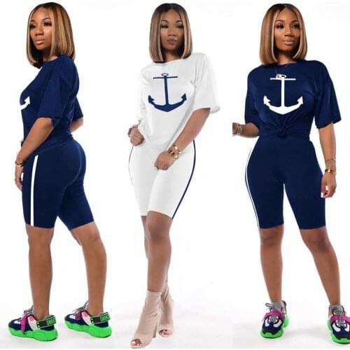 2021 Two Piece Short Sleeve T-shirt Navy Sports Suit Boat Anchor Printing Set