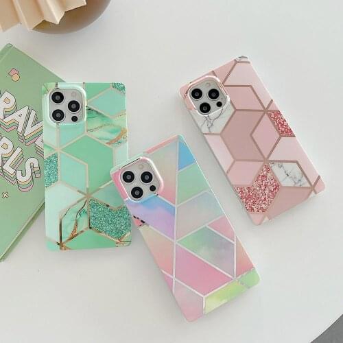 Square Design Phone Case For iPhone 12 11 Pro Max X XR XS Max 7 8 Plus Electroplating Geometric Marble Soft Silicone Phone Case