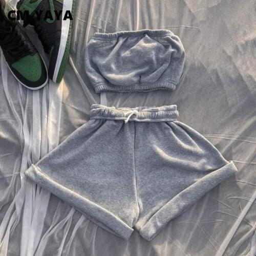 CM.YAYA Summer Active Tracksuit Solid Sleeveless Strapless Super-short Tops Drawstring Waist Shorts Two 2 Piece Sets Outfits