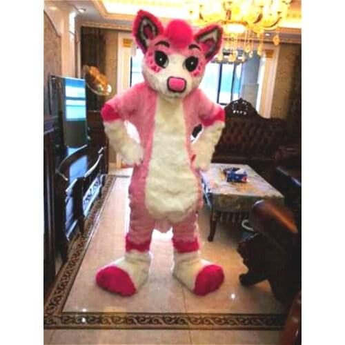 Halloween Xmas Birthday Party Pink Long Fur Husky Fox Dog Fursuit Furry Mascot Costume Cosplay Fancy Dress Adult Unisex Size