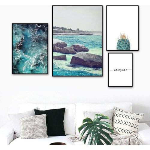 Sea Wave Stone Cactus Quote Landscape Wall Art Canvas Painting Nordic Posters And Prints Wall Pictures For Living Room Decor
