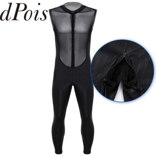 Mens Wetlook Patent Leather Round Neck Sleeveless Sheer Mesh Splice Bodice Double Zipper Leotard Bodysuit Jumpsuit Clubwear