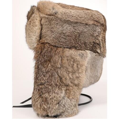 Handmade Men Winter Real Rabbit Fur Bomber Hat Outdoor Super Warm 100% Natural Rabbit Fur Hats Full Pelt Genuine Rabbit Fur Cap