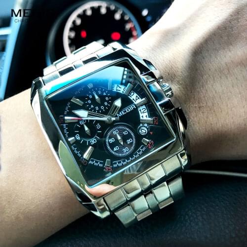 MEGIR hot fashion mens business quartz watches luxury stainless steel wristwatch for man luminous three-eyes watch for male2018