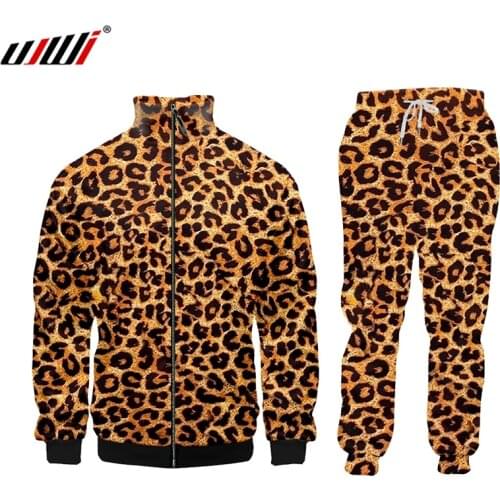 UJWI Winter 3d Prin Leopard Fashion Zip Hoodies And Pants Men Couple Wear Funny Breathable Fitness Hoodie + Trousers Combo Suit