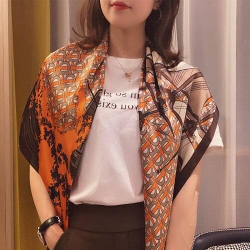 Versatile Silk Scarf Women Large Shawls Floral Print Stoles Square Bandana Luxury Brand Kerchief Scarves Female Foulard 90*90cm