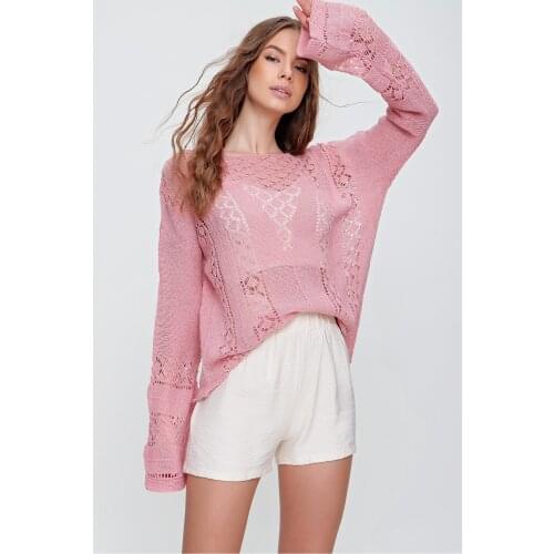 Womens Pink Boat Neckline Cellular Knitwear Bluz Custom Woven Cotton Design Modern Fashion