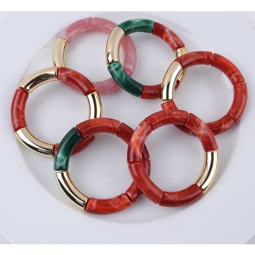 New Gold Color Beads Acrylic Bracelets & Bangles For Women Wristband Stretch Curved Beaded Resin Bracelet Fashion Female Jewelry