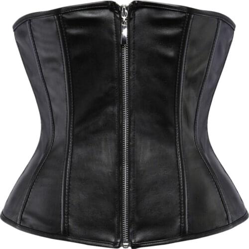 Women Gothic Punk Black Sexy PU Faux Leather Zipper Underbust Corset Body Sculpting Waist Clip Plus Size S-6XL