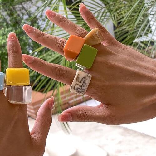 New Ins Simple Creative Acrylic Geometric Square Ring Color Cute Resin Square Ring For Women Girls Fashion Jewelry Gift