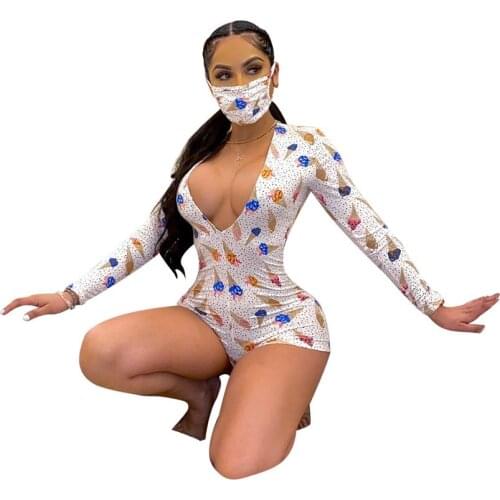 Women Summer Bodysuits Sexy Fitness V-Neck Ice Cream Print Rompers Street Night Club Party Jumpsuits One Piece Outfits