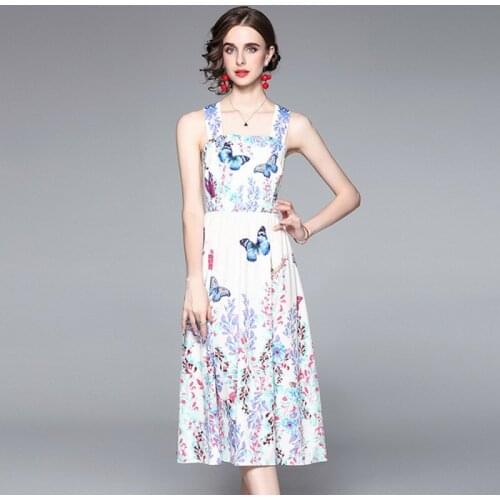 2021 summer fashion womens retro blue and white porcelain butterfly print square collar dresses