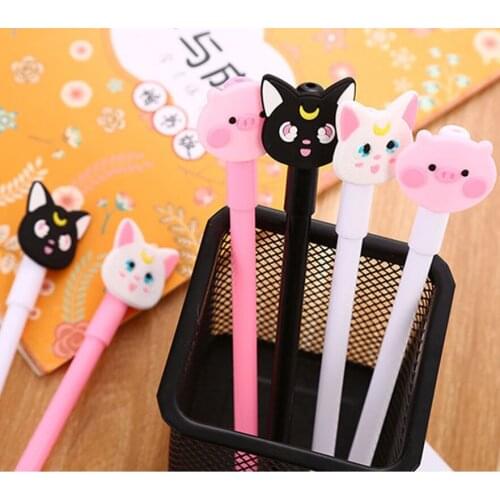 18 Pcs 6 Design Cute Cat Pig Pink White Black Handle Gel Pens Set Students Office Supplies Stationery Wholesale