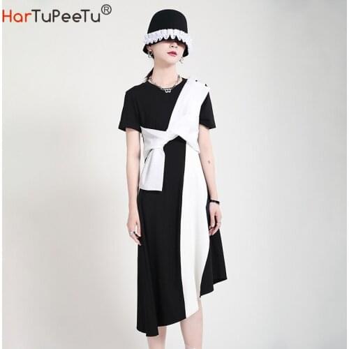 2021 Summer Women Dress Midi Patchwork Colours Block Bandage Design Irregular Tunic Waist Oversize Slim Fit Pullover Vestidos