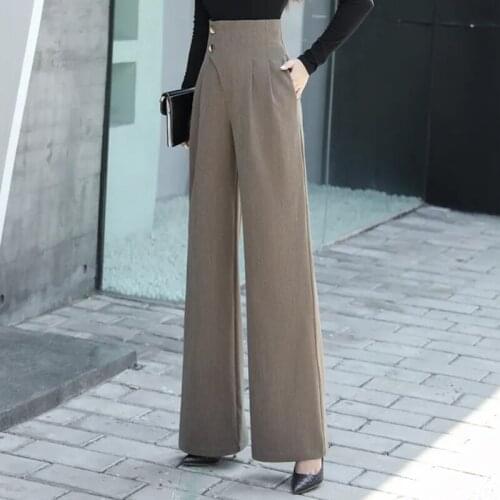 2021 Super High Waist Button Wide Leg Pants Plus Size 3XL Spring Autumn Loose Straight Pants Ladies Office Work Suit Trousers
