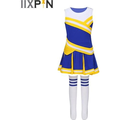 Kids Jazz dance costume School Girls Cheerleading Uniform Cosplay Costume Fancy Dress Sleeveless Tops with Pleated Skirt Socks