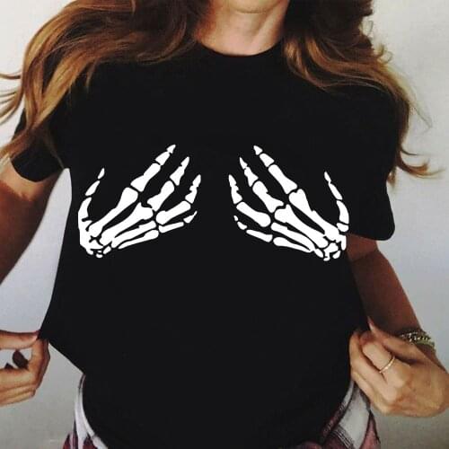 Skeleton Boob Hands T Shirt Halloween Printe Funny Short Sleeve T Shirt