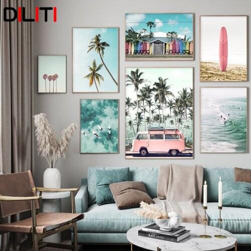 Pink Bus Blue Sky Sea Beach Canvas Painting Palm Tree Ocean Landscape Wall Art for Living Room Nordic Print Poster Home Decor