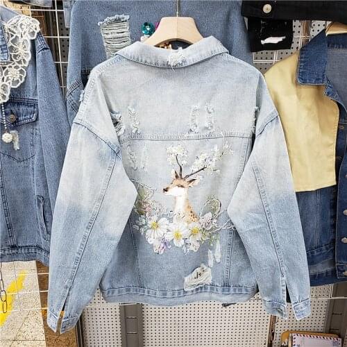 Autumn Fashion Print Denim Jacket Women Loose Casual Long Sleeve Short Outerwear Beading Holes Jeans Jackets Female Streetwear