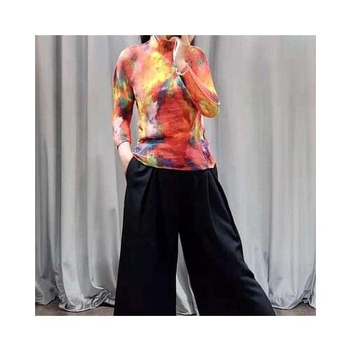 HOT SELLING Miyake fashion fold long-sleeved new sexy T-shirt women print Slim Half high collar T-shirt IN STOCK