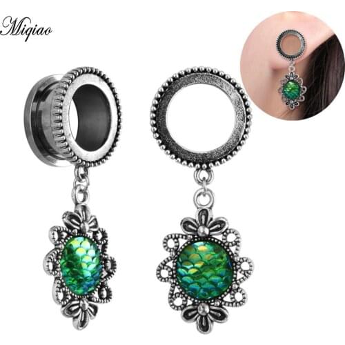 Miqiao 2pcs Hot Sale New 3D Green Fish Scale Pendant Stainless Steel Pulley Ear Expansion 6mm-16mm Human Body Piercing Jewelry